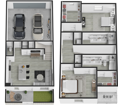 two layouts of a house and a car in the floor plan